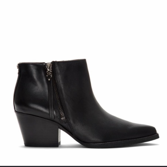 Sam Edelman Black Western Pointed Toe Leather Ankle Zip Chunky Heel Bootie - Picture 2 of 6